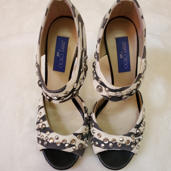 Jimmy Choo for H&M Monocrome Zebra Print Suede Studded Platform Heels Size 40 - Picture 8 of 13